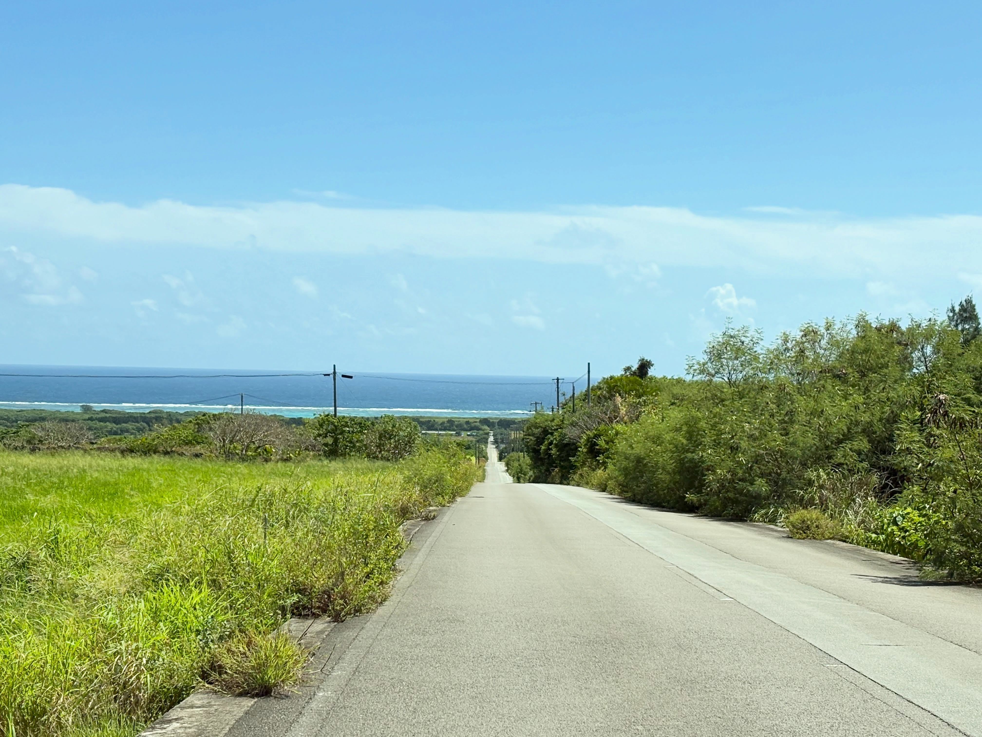 沖縄石垣島滞在

一直線に太平洋へと続く美しい道。

白保地区ではピーゴロ坂と呼ばれ
ある映画のラストシーンの撮影場所となったそう。